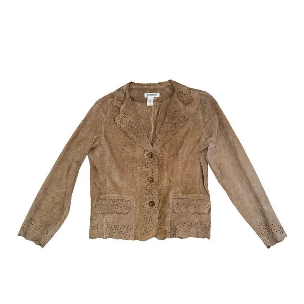Coldwater Creek Vintage Western 100% Leather Eyelet Blazer Jacket Tan MP